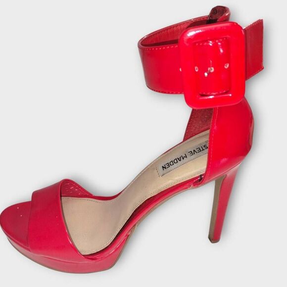 Steve Madden Womens Shoes Sz 9.5 Stiletto High Heel Red Patent Dressy Ankle Stra - Picture 4 of 13